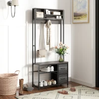 HOMCOM Hall Tree with Bench and Shoe Storage, 5-in-1 Entryway Bench with Coat Rack, 3 Storage Shelves, 2 Fabric Drawers, Gray(m-2)
