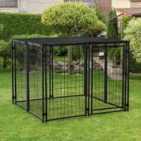 PawHut Outdoor Dog Kennel, Lockable Pet Playpen Crate with Top Cover, Black(m-7)