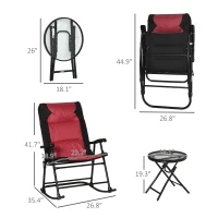 Outsunny 3 Piece Outdoor Patio Furniture Set with Glass Coffee Table & 2 Folding Padded Rocking Chairs, Bistro Style for Porch, Camping, Balcony, Red(m-3)