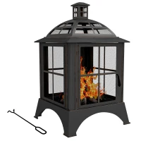Outsunny Wood-Burning Fire Pit, Chimney Style Firepit with Poker, 28" x 28", Black(m-11)
