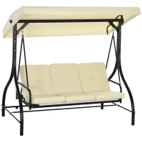 Outsunny Convertible Patio Swing Bed with Canopy and Cushions, 3 Seater Porch Swing for Outdoor, Backyard, Garden, Beige(m-11)