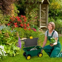 Outsunny Plastic Tool Box with Wheels, Portable Tool Box Organizer, Gardeners Tool Cart and Seat with Removable Tool Tray for Home, Craftsman and Garage(m-1)