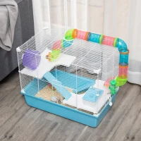 PawHut 3-Tier Large Toy-Filled Steel Small Animal Cage, Includes Exercise Wheel, Water Bottle, Food Dish, Light Blue(m-9)