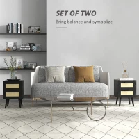 HOMCOM Boho Nightstands Set of 2, Bedside Tables with 2 Drawers for Living Room, Bedroom, Black(m-4)