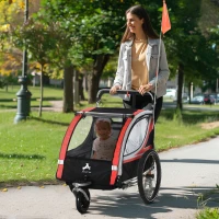 Aosom 3-in-1 Bike Trailer for Kids, Running Stroller with 2 Seats, Jogging Cart with 5-Point Harness, Storage Units, Red(m-10)