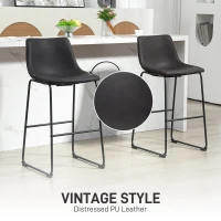 HOMCOM Bar Height Bar Stools Set of 2, Vintage PU Leather Bar Chairs, Kitchen Stools with Footrest for Home Bar, Dark Brown(m-4)