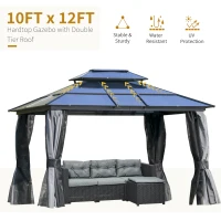 Outsunny 10'x12' Hardtop Patio Gazebo Aluminum Gazebo Canopy with Double Tier Roof, Curtains, Netting Sidewalls, Black & Grey(m-4)