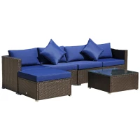 Outsunny 6 Piece Patio Furniture Set Outdoor Wicker Conversation Set All Weather PE Rattan Sectional Sofa Set with Ottoman, Cushions and Tempered Glass Table, Coffee and Blue(m-1)