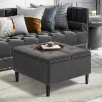 HOMCOM 30" Square Storage Ottoman, Upholstered Ottoman Coffee Table with Lift Top, Button Tufted and Wood Legs, Accent Footstool for Living Room, Dark Gray(m-10)