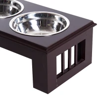 PawHut 6" Height Small Puppy Dog Feeding Station for Messy Pets, Stainless Steel Elevated Dog Bowls with Modern Wooden Frame, Dog Food Stand Pet Feeding Station, Dark Brown(m-8)