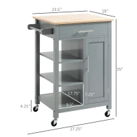 HOMCOM Kitchen Island Cart, Rolling Kitchen Island with Storage Shelf, Solid Wood Top, Drawer, for Dining Room, Gray(m-3)