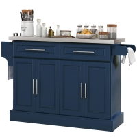 HOMCOM Rolling Kitchen Island with Stainless Steel Top, 2 Drawers, Spice, Knife and Towel Rack and Cabinets, Navy Blue