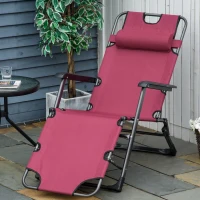 Outsunny Folding Chaise Lounge Chair for Outside, 2-in-1 Tanning Chair with Pillow & Pocket, Adjustable Pool Chair for Beach, Patio, Lawn, Deck, Red(m-10)