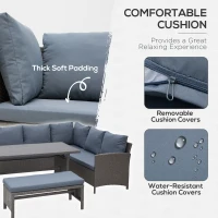 Outsunny 4 Pieces Patio Wicker Dining Sets, Outdoor PE Rattan Sectional Conversation Set with Cushions & Dining Table, Bench for Garden, Backyard, Lawn, Gray(m-5)