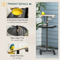 PawHut Portable Bird Play Stand, Parrot Perch Bird Feeder Station with Wheels, Stainless Steel Feeding Bowls, Tray, Gray(m-5)
