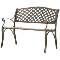 Outsunny Metal Garden Bench for Front Porch, Loveseat Like 2 Person, Armrests, Copper Color Cast Aluminum, Weaving Latticework Outdoor Furniture, Bronze Color(m-11)