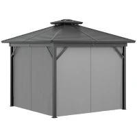 Outsunny 10' x 10' Hardtop Gazebo, Aluminum Frame Garden Sun Shelter with Double Tier Metal Roof, Mosquito Netting, Curtains, and Hanging Hook, Grey(m-11)