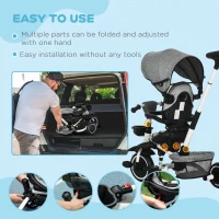 Aosom 6-in-1 Toddler Tricycle for 12-50 Months, Foldable Kids Trike with Adjustable Seat and Push Handle, Safety Harness, Removable Canopy, Footrest, Grey(m-7)