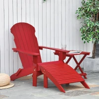 Outsunny 3-Piece Folding Adirondack Chair with Ottoman and Side Table, Outdoor Wooden Fire Pit Chairs w/ High-back, Wide Armrests for Patio, Backyard, Garden, Lawn Furniture, Red(m-10)