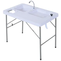Outsunny 2-in-1 Folding Table with Faucet and Sinks Portable Outdoor Camping BBQ Fishing Table, White(m-11)