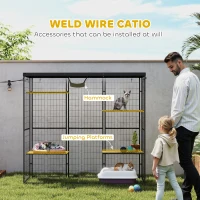 PawHut Weld Wire Catio Outdoor Indoor with Waterproof Cover, 4 Jumping Platforms, Hammock, for 1-3 Kittens, 69" x 22" x 62"(m-4)