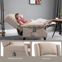 HOMCOM Vibration Massage Recliner Chair for Living Room with Heat,  Wingback Single Sofa, Modern Linen Fabric Push Back Reclining Chair with Footrest, Side Pocket, Dark Beige(m-8)