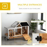 PawHut Wooden Rabbit Hutch with Wheels, Run, Slide-out Tray for Small Animals, Guinea Pig, Yellow(m-5)