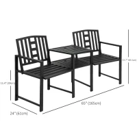 Outsunny Metal Outdoor Bench, 2-Seater Garden Bench with Middle Table, Umbrella Hole, Slatted Seat and Backrest, Black(m-3)