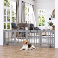 PawHut Freestanding Pet Gate 4 Panel Wooden Dog Barrier Folding Safety Fence with Support Feet for Doorway Stairs Light Grey(m-8)