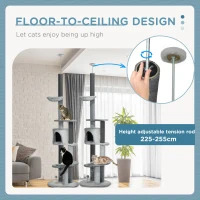 PawHut 89"-100" Floor to Ceiling Cat Tree w/ Hammock, Scratching Posts, Condo, Perches, Toy Ball, Anti-tip Kit, Grey(m-4)