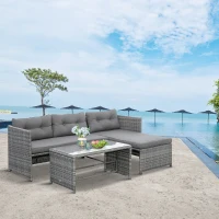Outsunny 3 Piece Patio Furniture Set, Rattan Outdoor Sofa Set with Chaise Lounge & Loveseat, Soft Cushions, Tempered Glass Table, L-Shaped Sectional Couch, Charcoal(m-2)