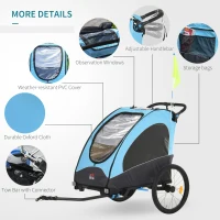 Aosom Child Bike Trailer 3 In1 Foldable Jogger 2-Seater Pushcar Transport Buggy Carrier with Shock Absorber System Rubber Tires Adjustable Handlebar Kid Bicycle Trailer Blue(m-5)