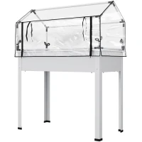 Outsunny Elevated Garden Box with Greenhouse Cover, Raised Garden Bed with Legs and Drainage Hole for Vegetables, White(m-1)