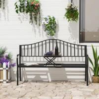 Outsunny Outdoor Bench with Retractable Middle Table, Metal Frame Patio Loveseat with Slatted Seat and Backrest, Curved Armrests, Black(m-1)