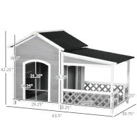 PawHut Wooden Dog House Outdoor with Porch, Cabin Style Raised Dog Shelter with Asphalt Roof, Doors, and Shutter Window, for Medium Large Sized Dog, Light Gray(m-3)