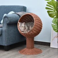 PawHut Elevated Cat Bed with Rotatable Egg Chair Pod, Cat Basket Bed with Thick Cushion, Natural Mat Grass Woven Kitty House, Brown(m-10)