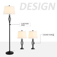HOMCOM 3 Piece Table Floor Lamp Set with Metal Pole, Round Base, and Fabric Lampshade, for Living Room, Black/White(m-5)