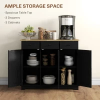 HOMCOM Kitchen Storage Cabinet, Sideboard Floor Cupboard with Solid Wood Top, Adjustable Shelf, and 3 Drawers, Black Wood Grain(m-4)