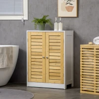 kleankin Bathroom Floor Cabinet, Side Storage Organizer Cabinet with Bamboo Doors, Adjustable Shelves for Bathroom, White and Natural(m-2)