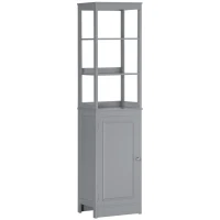 kleankin Tall Bathroom Storage Cabinet, Freestanding Linen Tower with 3-Tier Open Shelf and Door, Slim Floor Organizer, Grey(m-1)