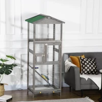 PawHut 65" Wooden Bird Cage Outdoor Aviary House for Parrot, Parakeet, with Pull Out Tray and 2 Doors, Grey(m-10)