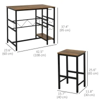 HOMCOM 3 Pieces Bar Table Set, Counter Height Table with 8-bottle Wine Rack and Cup Holder, 2 Stools with Metal Frame for Kitchen, Dining Room, Living Room, Pub(m-3)