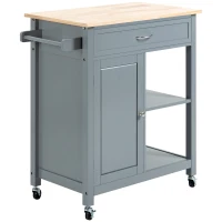 HOMCOM Kitchen Island Cart, Rolling Kitchen Island with Storage Shelf, Solid Wood Top, Drawer, for Dining Room, Gray(m-11)