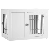 PawHut Dog Crate Furniture Wire Indoor Pet Kennel Cage, End Table with Double Doors, Locks for Small and Medium Dog House, White(m-1)