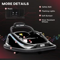 Aosom 12V Kids Bumper Car with Parent Remote Control, Safety Belt, Colorful LED Lights, for Boys and Girls, Black(m-6)