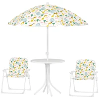 Qaba Kids Picnic Table and Chair Set, Outdoor Activity Table with Foldable Chairs, Removable Umbrella for Backyard, White(m-1)