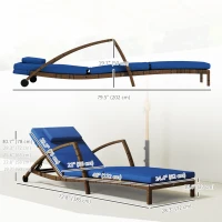 Outsunny Set of 2 Wicker Chaise Lounge Chair Outdoor Patio Lounger with 5 Adjustable Back, Wheels, Cushion and Armrests, Blue(m-3)