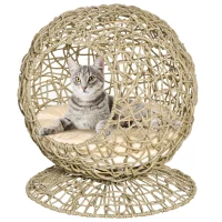PawHut Rattan Elevated Cat Bed Kitty Condo with Comfortable Soft Cushion, Wicker Construction and Round Base, Brown(m-11)