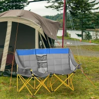 Outsunny 62" W Double Seat Camping Chair Folding Lawn Loveseat w/ Storage Pocket & Cup Holder Compact in a Bag for Outdoor, Beach, Picnic, Hiking, Travel, Blue(m-8)