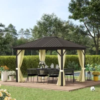 Outsunny 10' x 12' Outdoor Hardtop Gazebo Metal Roof Patio Gazebo with Aluminum Frame, Mesh Nettings, Beige(m-1)